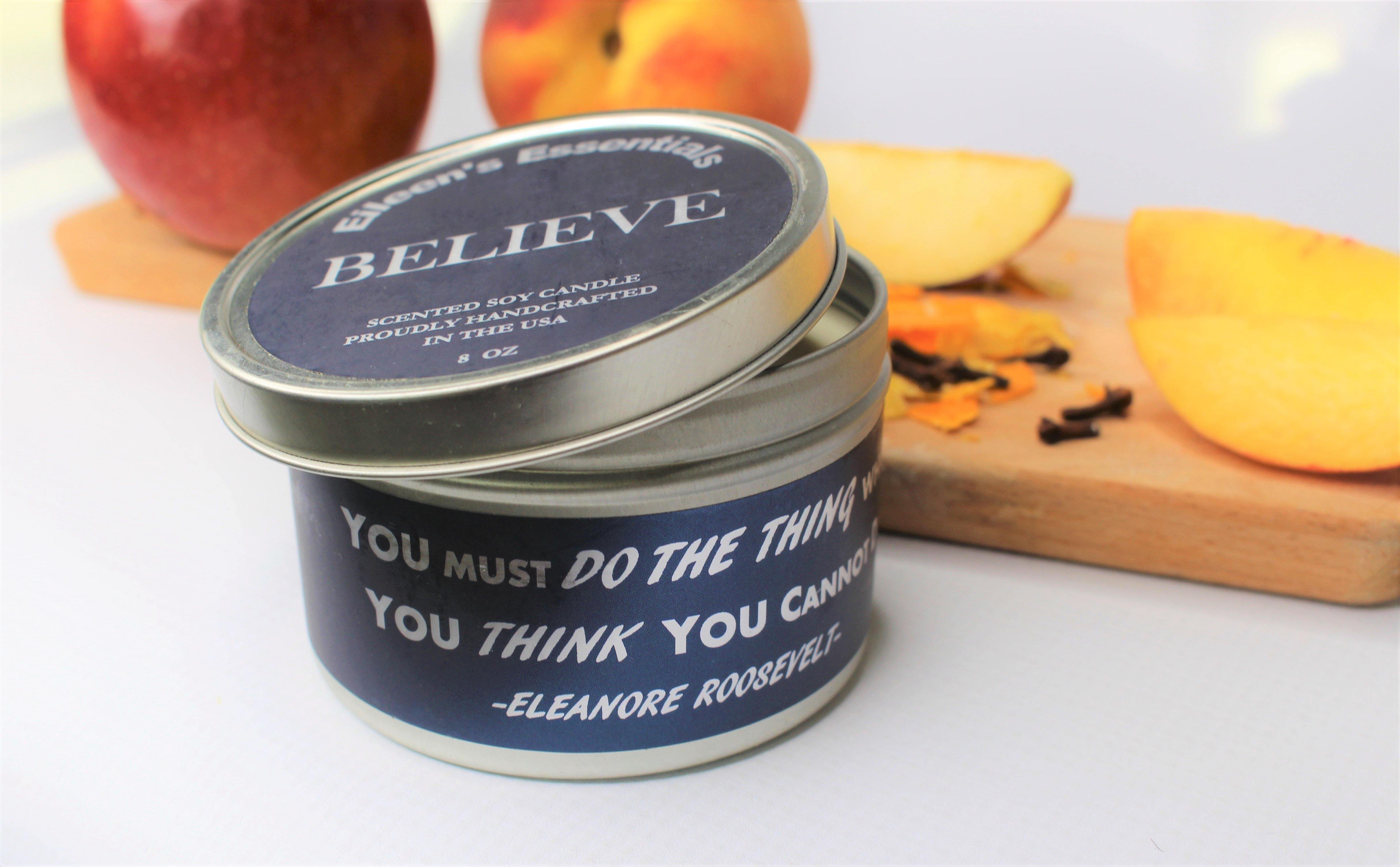 Inspirational Travel Candle; BELIEVE - Eileen's Essentials