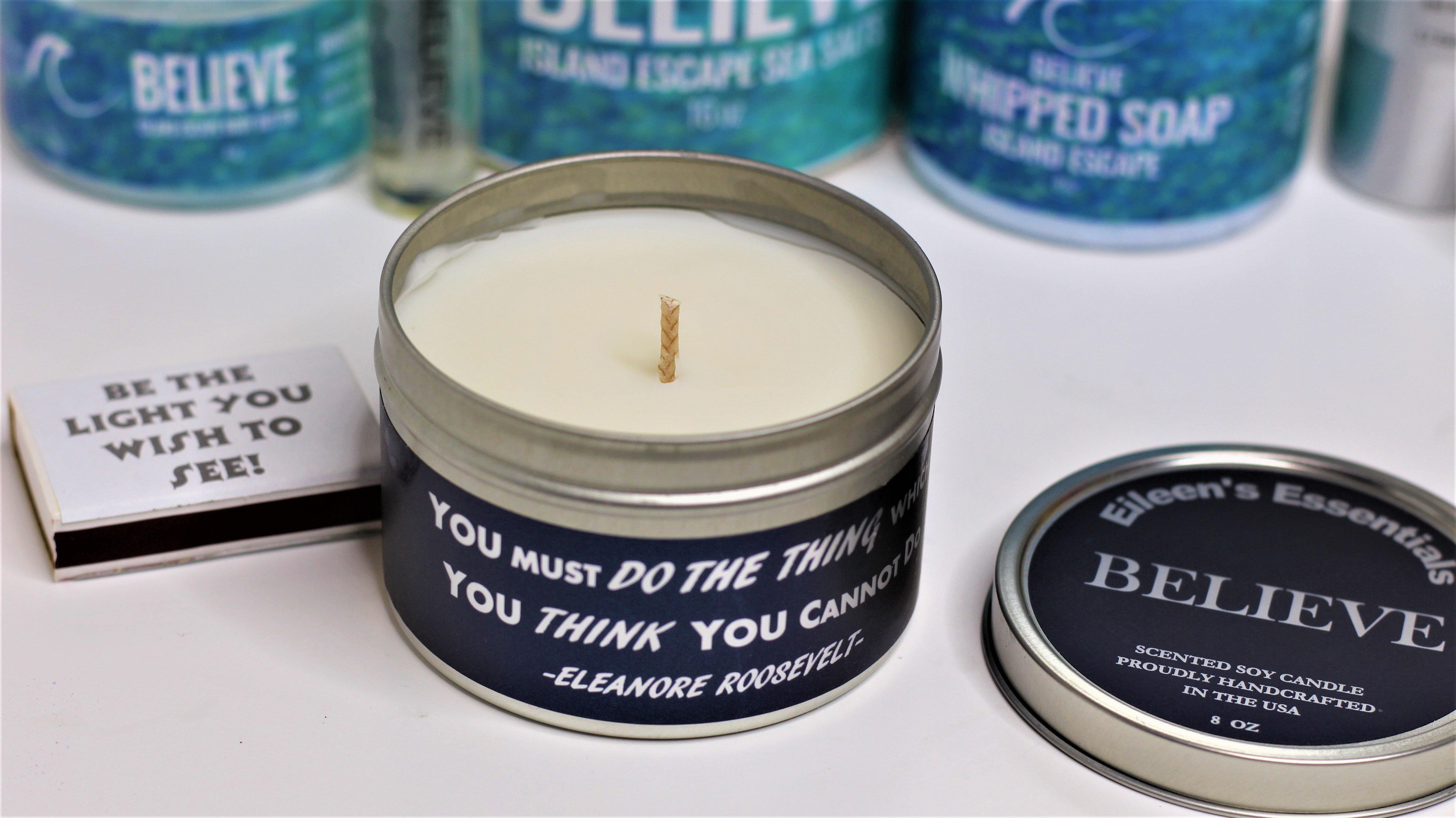 Inspirational Travel Candle; BELIEVE - Eileen's Essentials