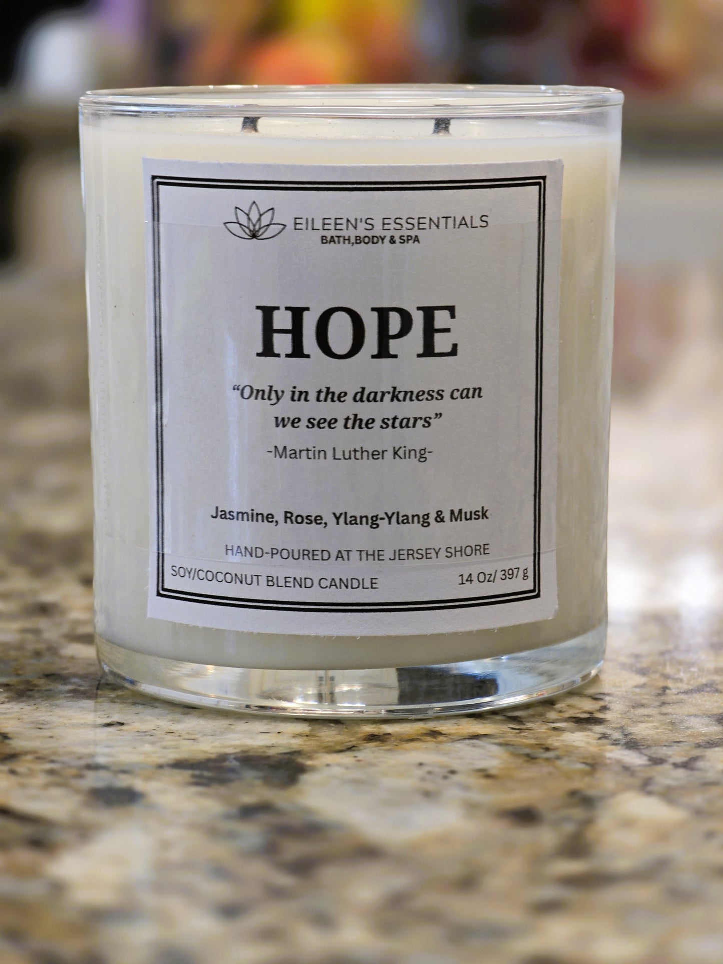 Inspirational Glass Candle; HOPE (Grapefruit, Jasmine, Ylang-Ylang, Sweet Musk)
