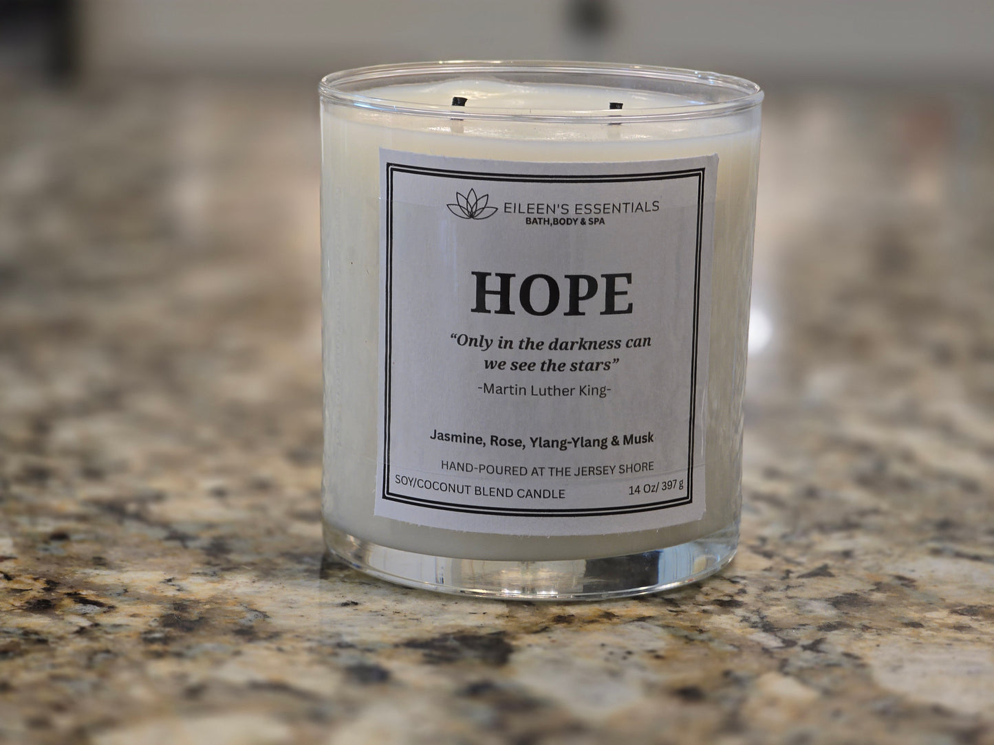 Inspirational Glass Candle; HOPE (Grapefruit, Jasmine, Ylang-Ylang, Sweet Musk)