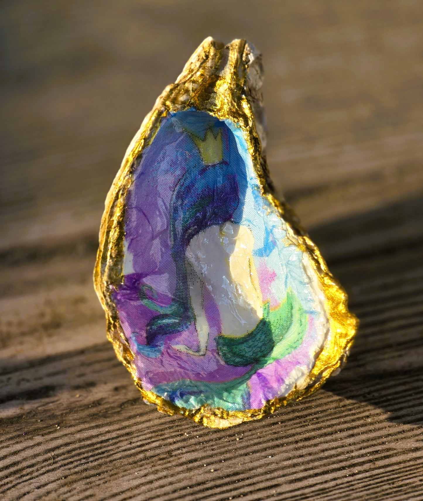 Decorative-oyster-shell-trinket-dish with a colorful mermaid design. Eileens-essentials