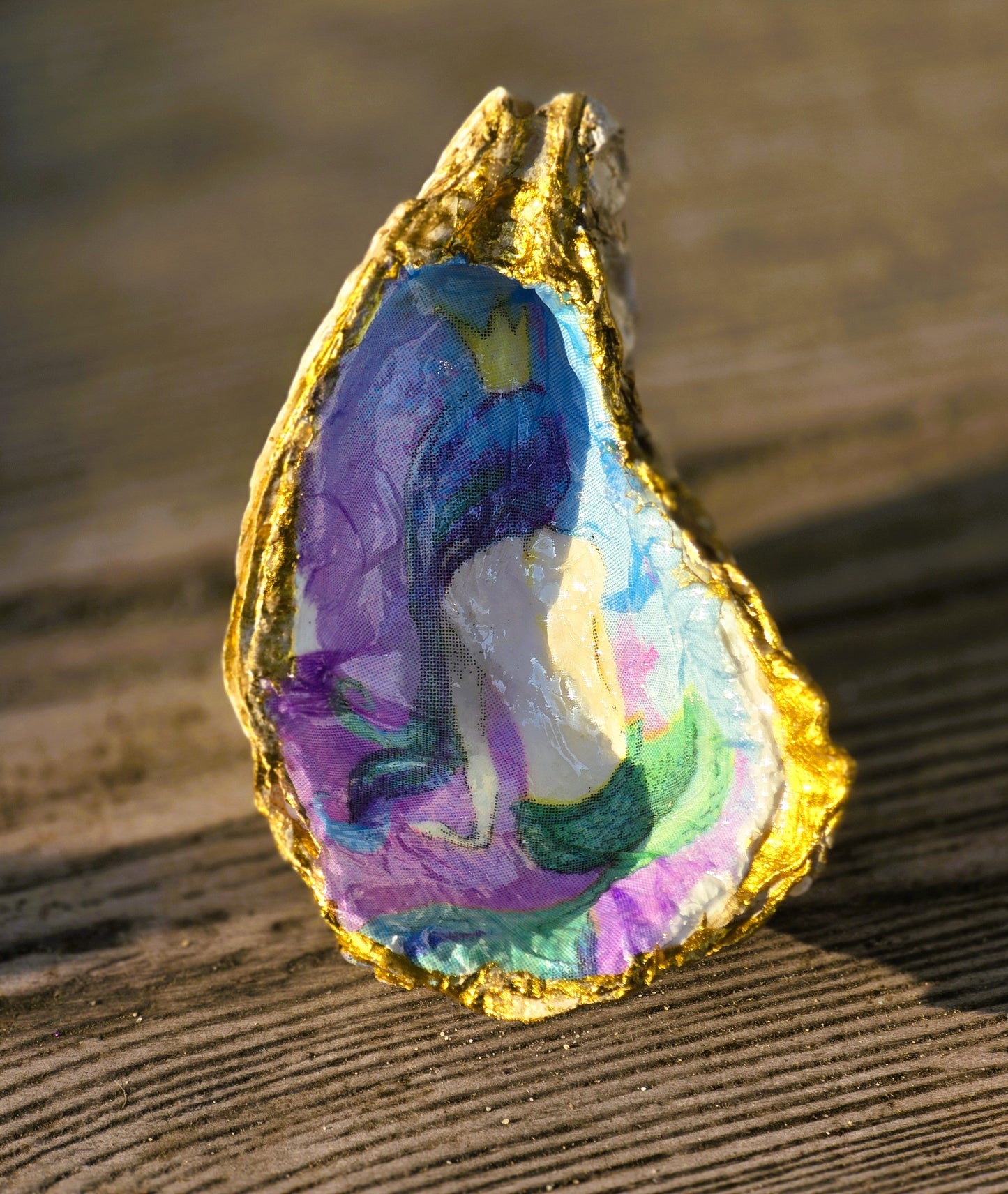 Decorative-oyster-shell-trinket-dish with a colorful mermaid design. Eileens-essentials