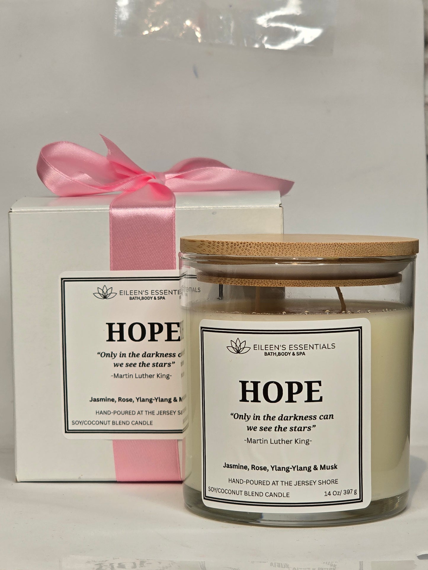 Inspirational Glass Candle; HOPE (Grapefruit, Jasmine, Ylang-Ylang, Sweet Musk)