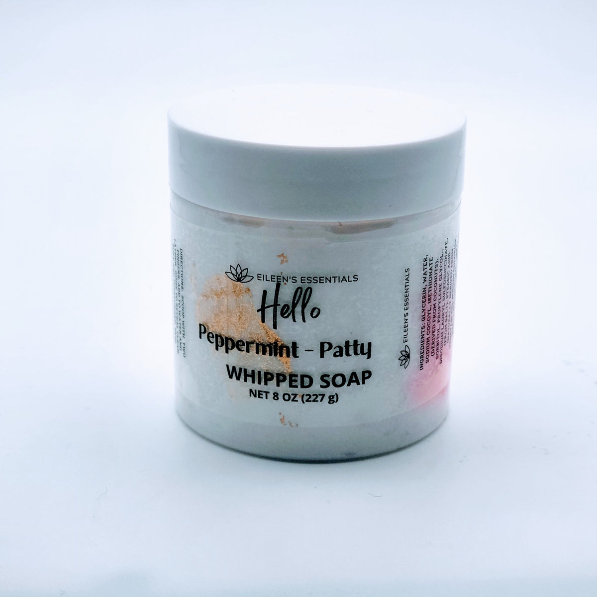 Peppermint Patty 8 oz whipped soap jar with a white lid and pink accents.