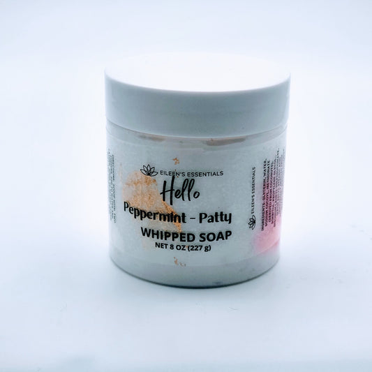 Peppermint Patty 8 oz whipped soap jar with a white lid and pink accents.